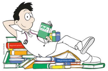 Karikatur eines Pflegers, der auf Büchern sitzt und ein Buch über PfiFf liest